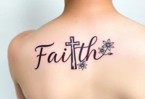 Smaller tattoo with the word faith in brown a cross for the t and waterfall flowers for April twins tattoo idea