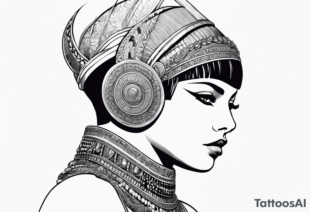 Side profile of cleopatra with short hair and cat tattoo idea