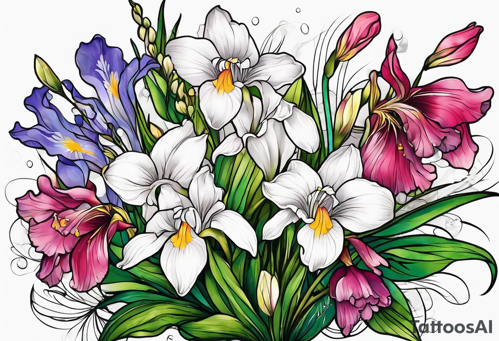 i want a bouquet of flowers that include a snowdrop, iris, cherry blossom, daisy and morning glory tattoo idea