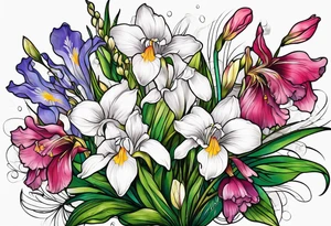 i want a bouquet of flowers that include a snowdrop, iris, cherry blossom, daisy and morning glory tattoo idea