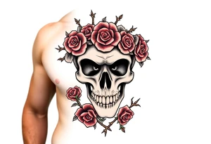 ornate skull adorned with crown of wild roses and thorns tattoo idea