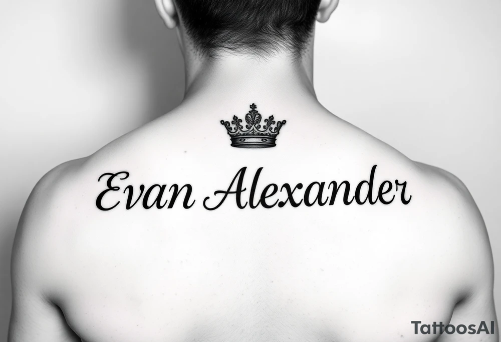 Name tattoo that says Evan Alexander with a crown on forearm tattoo idea