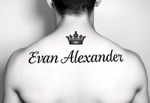 Name tattoo that says Evan Alexander with a crown on forearm tattoo idea