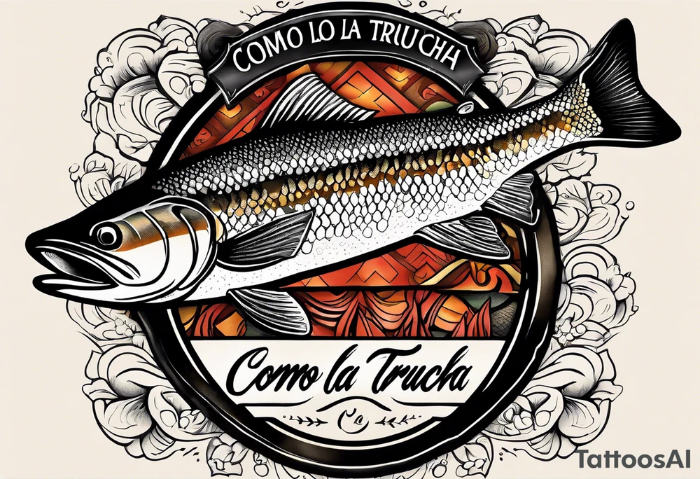 A small tattoo with a shaded trout and text that says, 'Como la trucha...' drawn with fine lines." tattoo idea