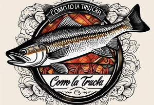 A small tattoo with a shaded trout and text that says, 'Como la trucha...' drawn with fine lines." tattoo idea