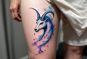 A watercolor Capricorn star constellation flows in soft blues and purples, wrapping around a minimal Capricorn. tattoo idea
