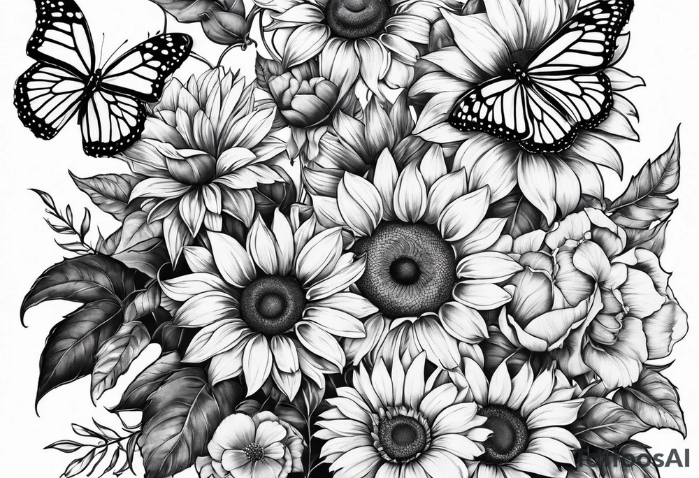Arm sleeve with sunflowers and butterflies tattoo idea
