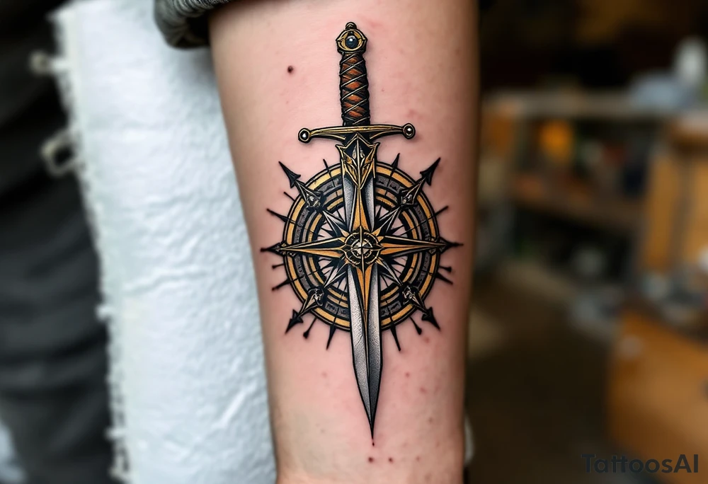 Compass and Dagger – A dagger piercing through a vintage compass, with the compass rose in gold and the dagger in silver with bold black lines for the details. The compass is surrounded by earthy browns and forest greens. tattoo idea