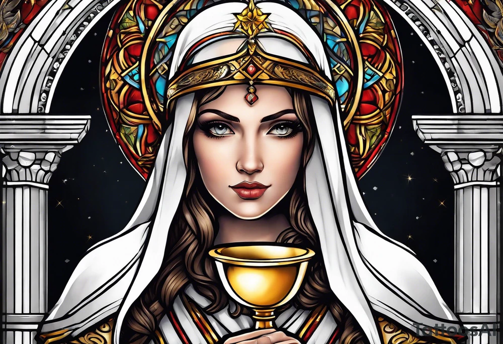 Female saint holding a chalice tattoo idea
