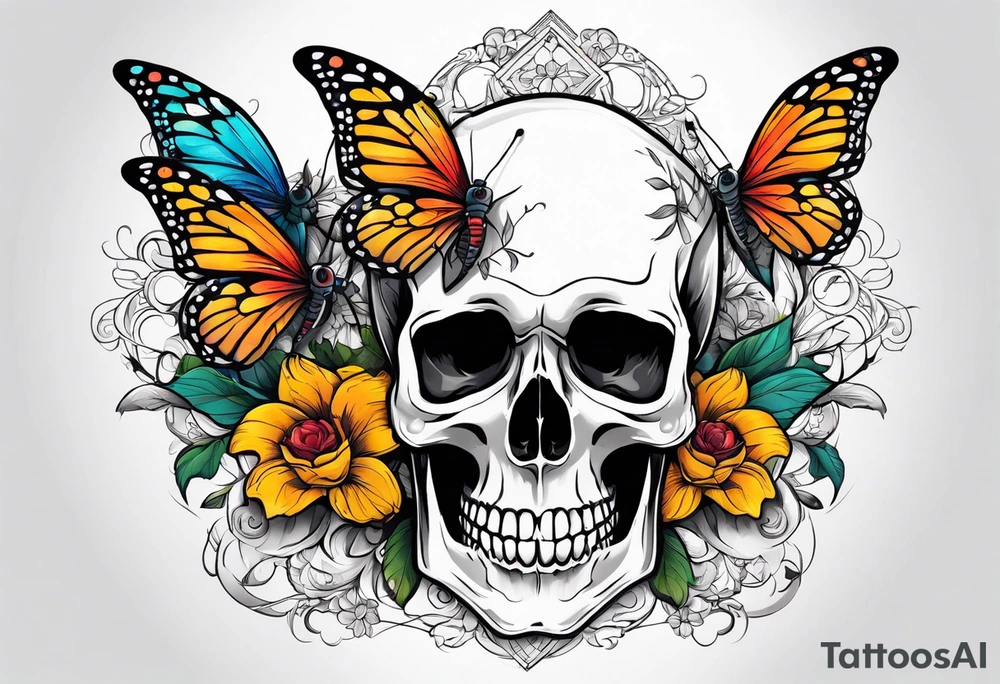 Skull tattoo with scorpions, butterflies, and flowers tattoo idea