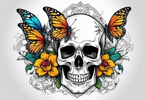 Skull tattoo with scorpions, butterflies, and flowers tattoo idea