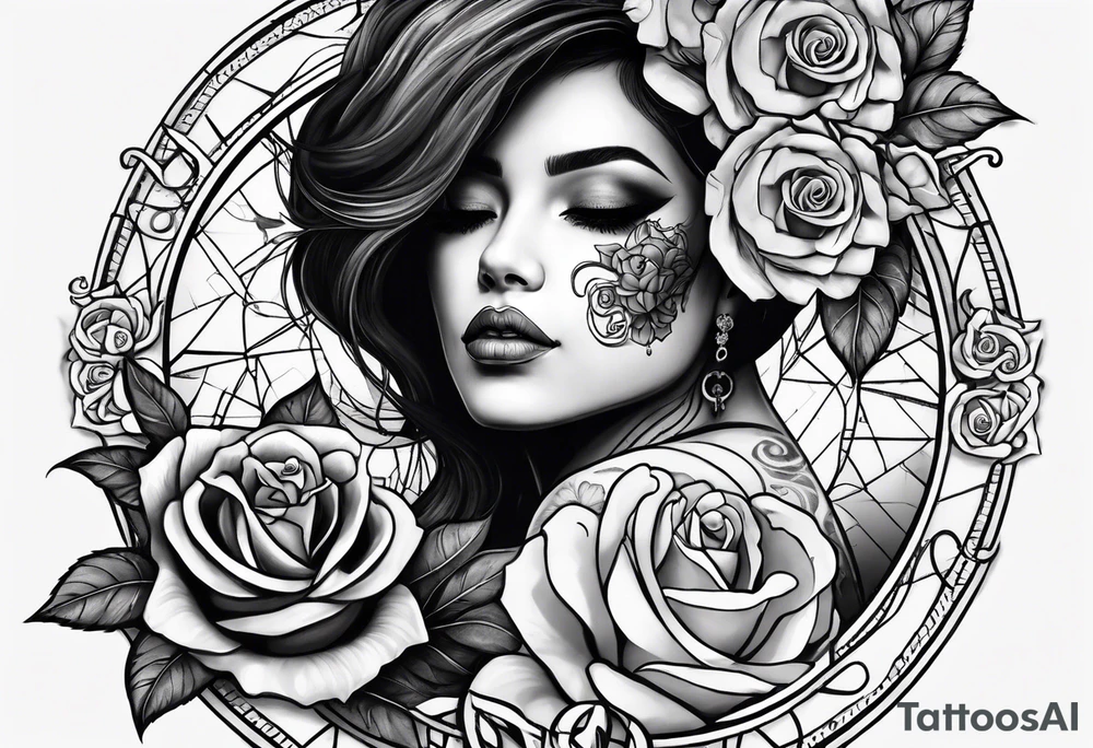 Hispanic/ Latin  woman  with half skull face, roses, loving heART, strength,  cancer zodiac , time heals all tattoo idea