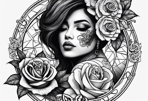 Hispanic/ Latin  woman  with half skull face, roses, loving heART, strength,  cancer zodiac , time heals all tattoo idea