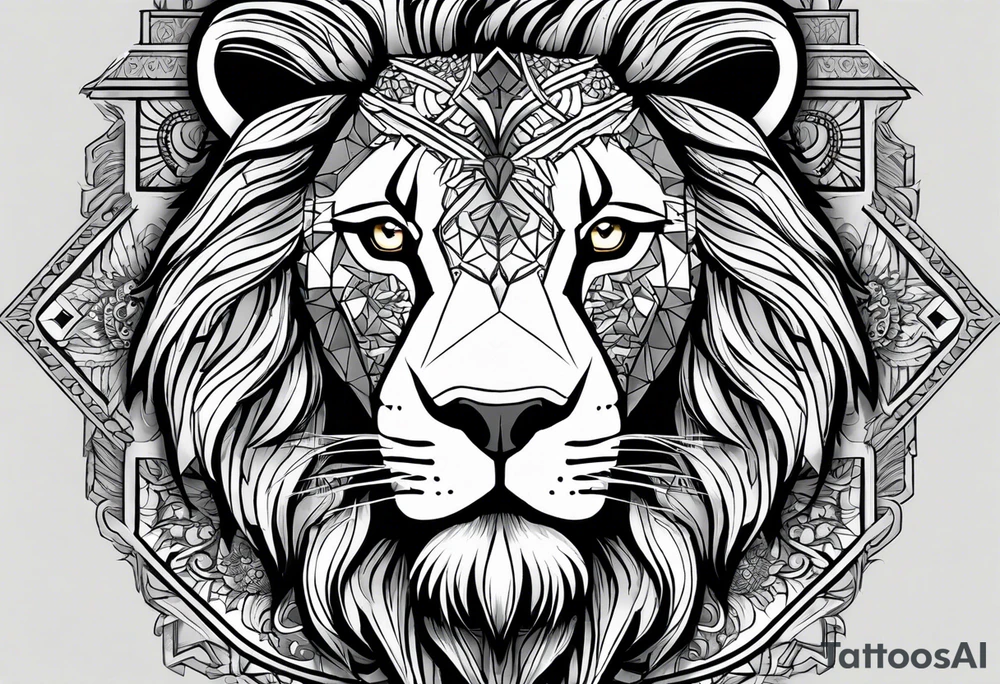 A full tattoo sleeve designed with a strong, masculine aesthetic, featuring a powerful lion as the centerpiece. The lion, symbolizing strength, courage, and leadership, is depicted with intricate detail and dynamic shading, capturing its fierce expression and majestic mane. Surrounding the lion, incorporate geometric patterns that add structure and contrast to the design. These patterns are bold and angular, creating a sense of order and symmetry that complements the natural form of the lion. The geometric elements are woven around the lion, emphasizing its central position while providing a modern, edgy backdrop. The shading throughout the sleeve is deep and dramatic, enhancing the contrast between the organic features of the lion and the precise lines of the geometric patterns. The overall design is bold, intense, and visually striking, combining the raw power of the lion with the clean, ordered aesthetic of geometric patterns for a cohesive and masculine tattoo sleeve. tattoo idea