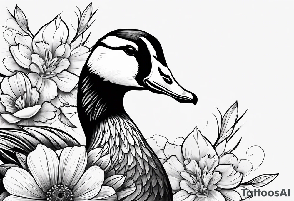 angry goose with flowers at the bottom tattoo idea