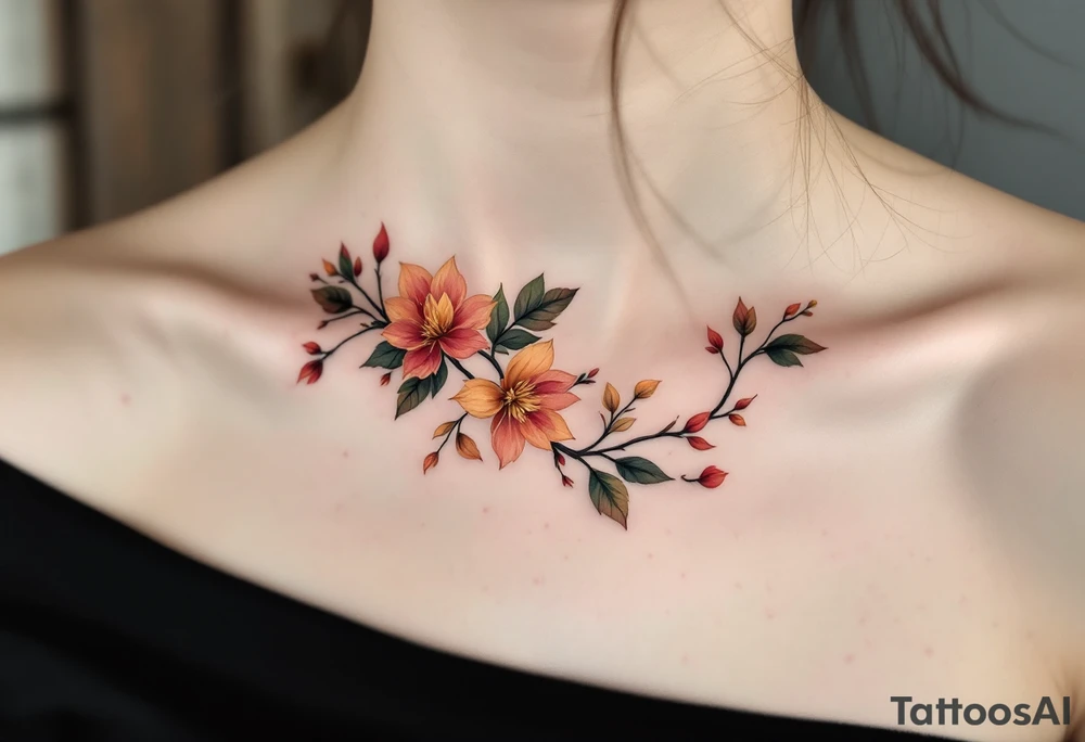 Two separate collarbone tattoos of long, stems and branches covered with red, orange, yellow and dark forest green leaves and flowers, fall themed, muted, delicate and gentle but moody, long and thin, following the collarbone. More muted, not so bright tattoo idea