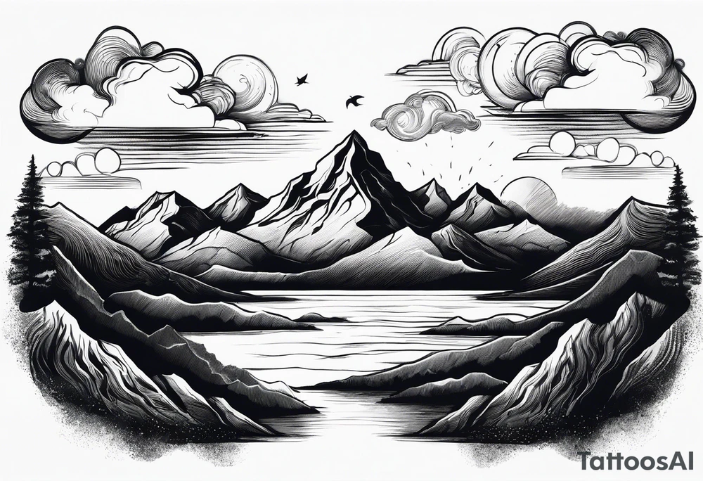 Mountain Range coming Out of the sea and Clouds. Sunrise in a night Sky above the Mountains. tattoo idea