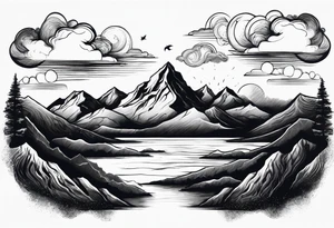Mountain Range coming Out of the sea and Clouds. Sunrise in a night Sky above the Mountains. tattoo idea