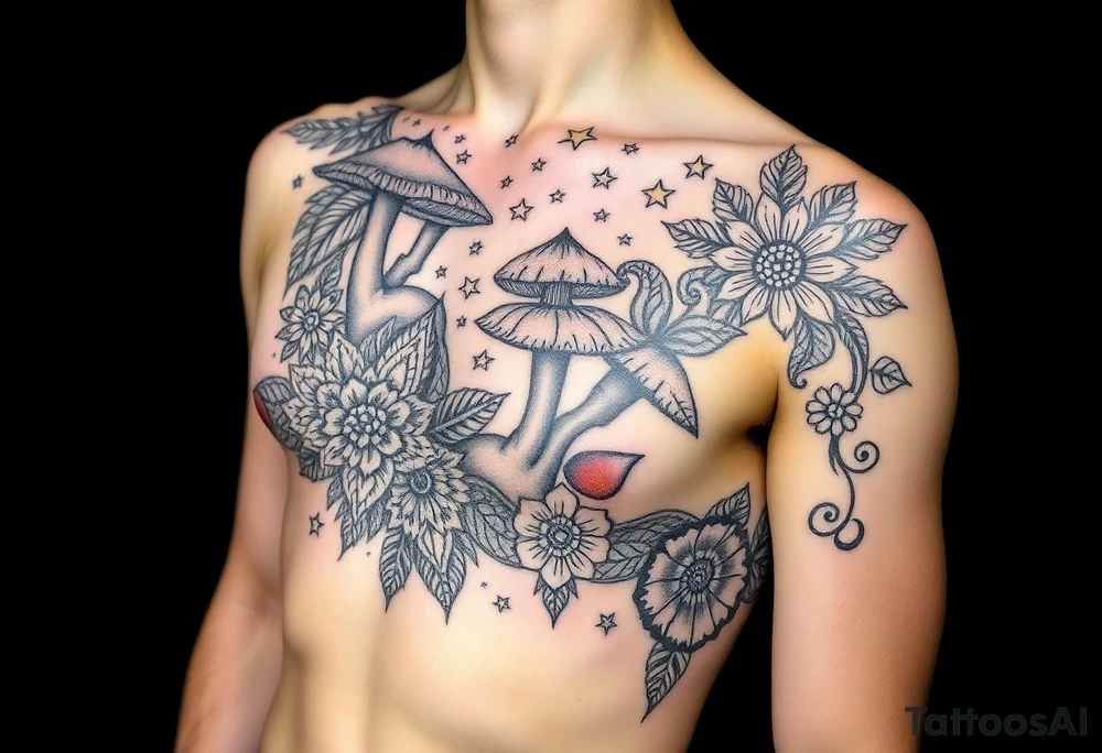 Could you possible make me a cool nature tattoo with mushrooms crystals  flowers mandala boho but colorful and psychedelic colorful too that would wrap from front of hip around side to mid back to cover an existing one I have incorporating the stars I have already and only covering some going with shape of curves of female body wrapping from front of hip around side to back tattoo idea