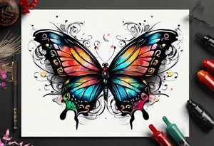 butterfly with one wing black scribbles, the other wing beautiful and colorful, the body has the date 1.9.2023 and the words written "I chose to live." tattoo idea