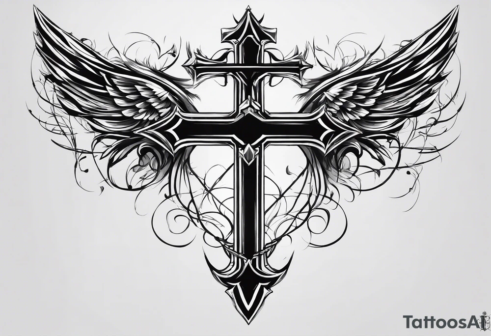 I need a tattoo in minimalism, the main element will be a cross, which should have angel wings, and barbed wire runs from top to bottom along the cross минимум деталей tattoo idea