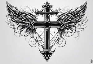I need a tattoo in minimalism, the main element will be a cross, which should have angel wings, and barbed wire runs from top to bottom along the cross минимум  деталей tattoo idea
