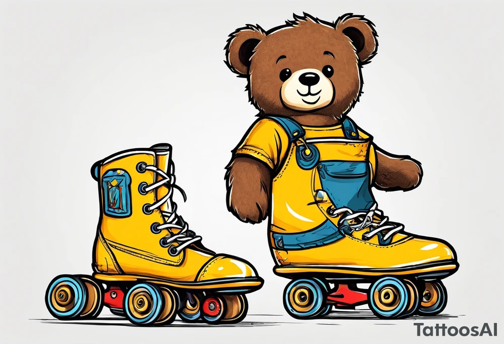 the back of one standing, skinny, brown ,
teddy bear in long, yellow overalls and white roller skates on his feet tattoo idea