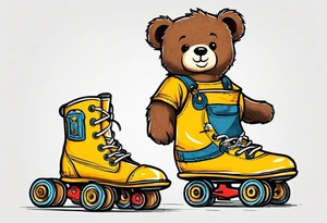 the back of one standing, skinny, brown ,
teddy bear in long, yellow overalls and white roller skates on his feet tattoo idea