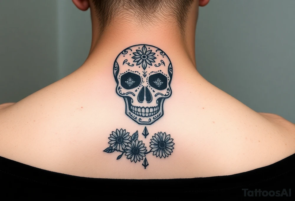 Masculine sugar skull with diamonds and daisies tattoo idea