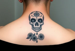 Masculine sugar skull with diamonds and daisies tattoo idea