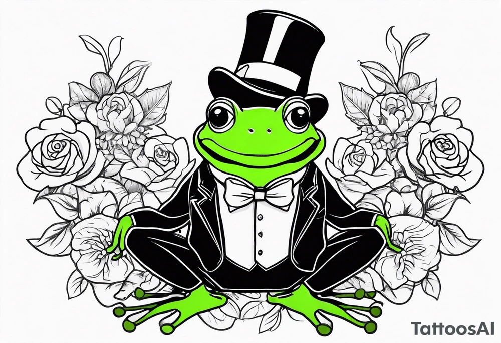 Cute Frog smiling wearing top hat and a suit standing on its Back legs while holding flowers tattoo idea Cute Frog smiling wearing top hat and a suit standing on its Back legs while holding flowers tattoo idea