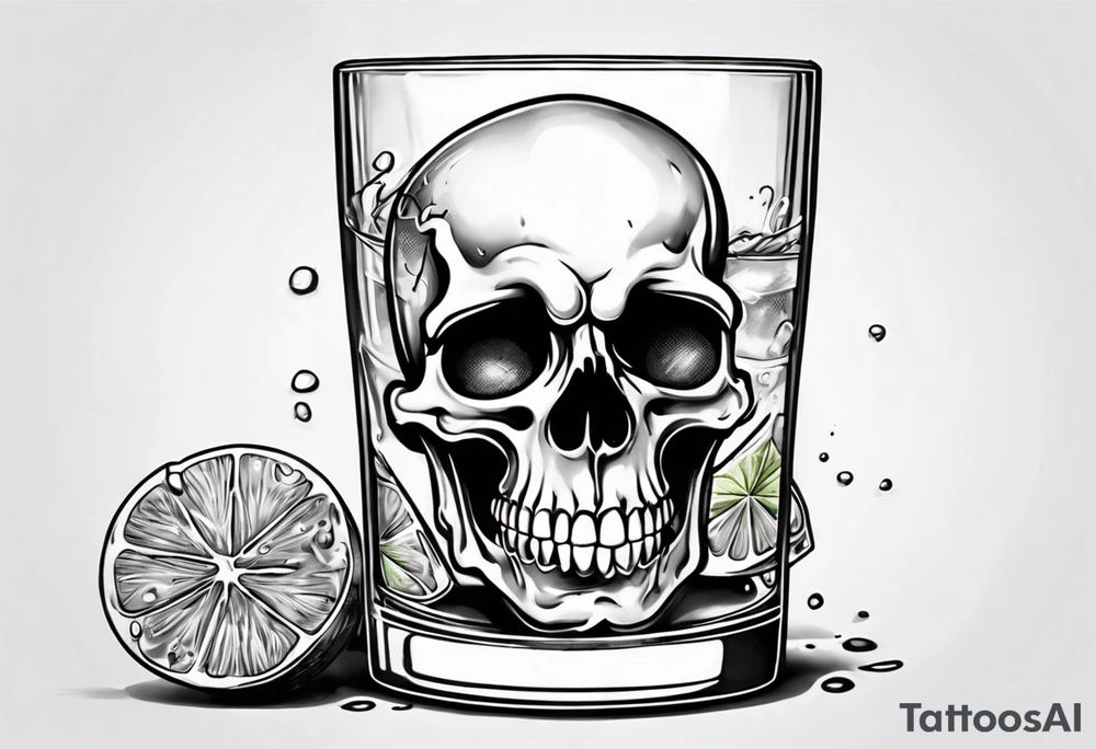A smiling looking to the left scull inside the glass with alcohol and piece of lime tattoo idea