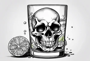 A smiling looking to the left scull inside the glass with alcohol and piece of lime tattoo idea
