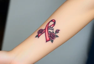 Pretty pink Cancer ribbon that says "fuck cancer"with red roses tattoo idea