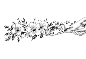 narcissus flowers and holly. at the base and top of the sleeve are banners with roman numerals across tattoo idea