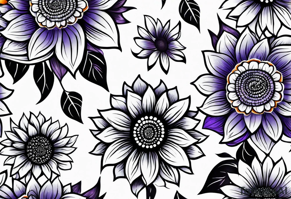 Full leg sleeve with purple, orange and blue sunflowers tattoo idea