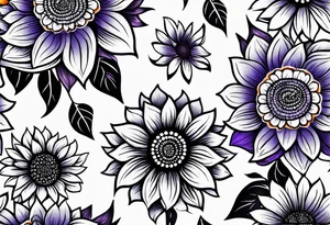 Full leg sleeve with purple, orange and blue sunflowers tattoo idea