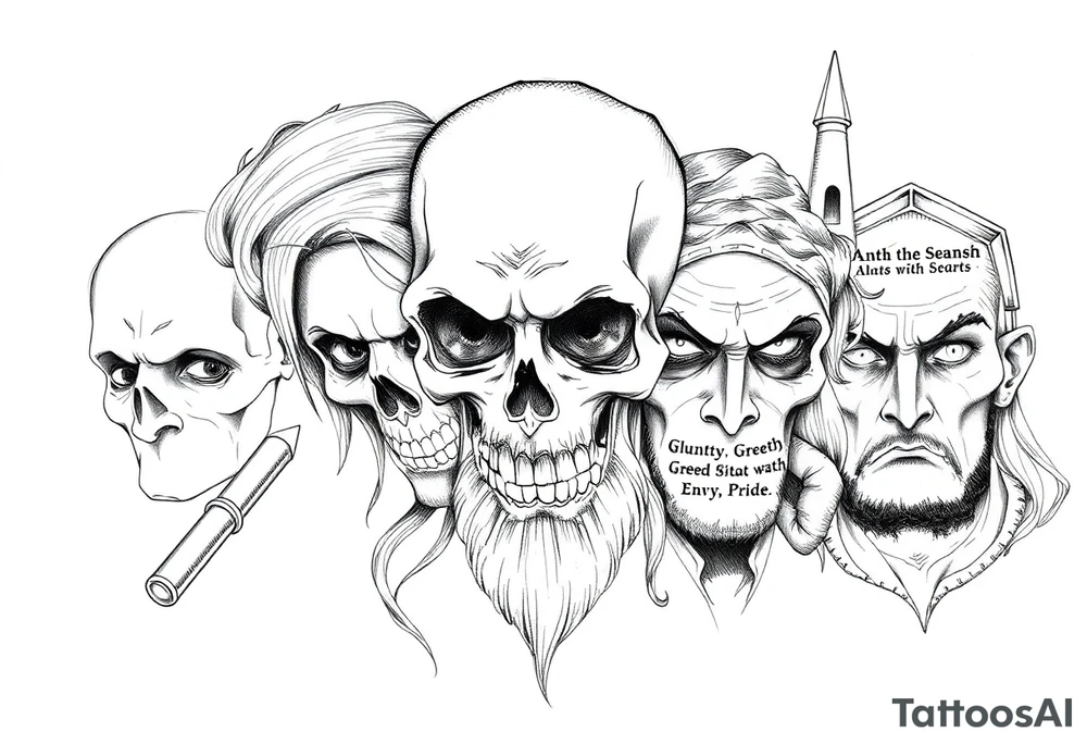 7 biblical “deadly sins”(Lust, Gluttony,Greed,Sloth,Wrath,Envy, and Pride). tattoo idea