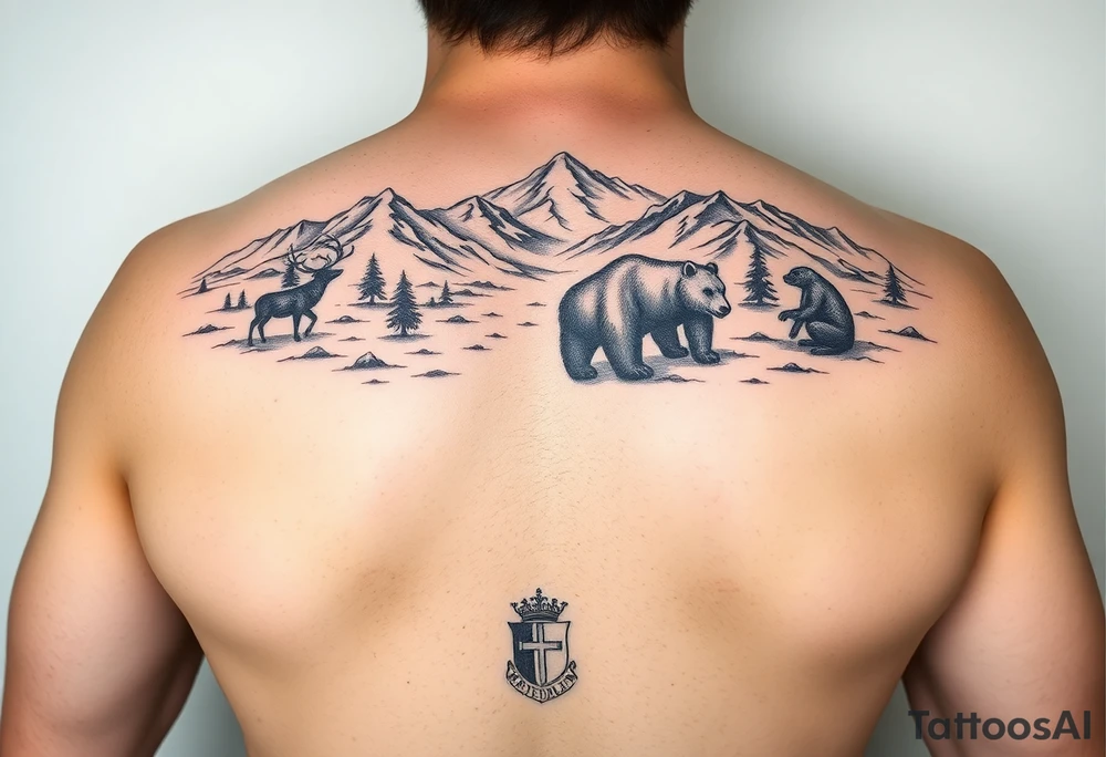 A full-armsleeve with the Härjedalen landscape, reindeer, bear, lakes, mountains (Helags), cross and Härjedalen's coat of arms on the hand tattoo idea