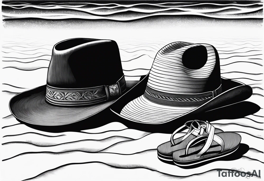 Keep it simple. A pair of mens boots next to a pair of flip flops and a cowboyhat on the Beach. tattoo idea