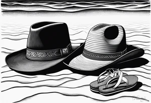 Keep it simple. A pair of mens boots next to a pair of flip flops and a cowboyhat on the Beach. tattoo idea