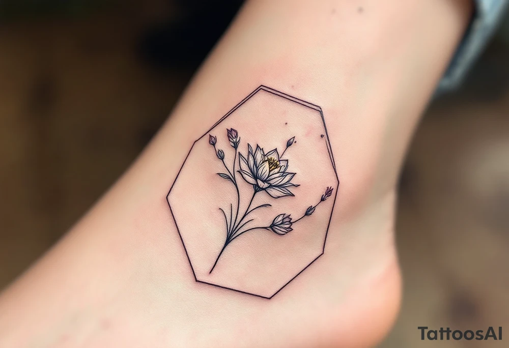 Leo sign, larkspur and water lily surrounded by a hexagon tattoo idea