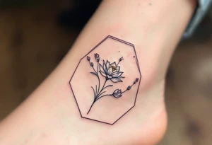 Leo sign, larkspur and water lily surrounded by a hexagon tattoo idea