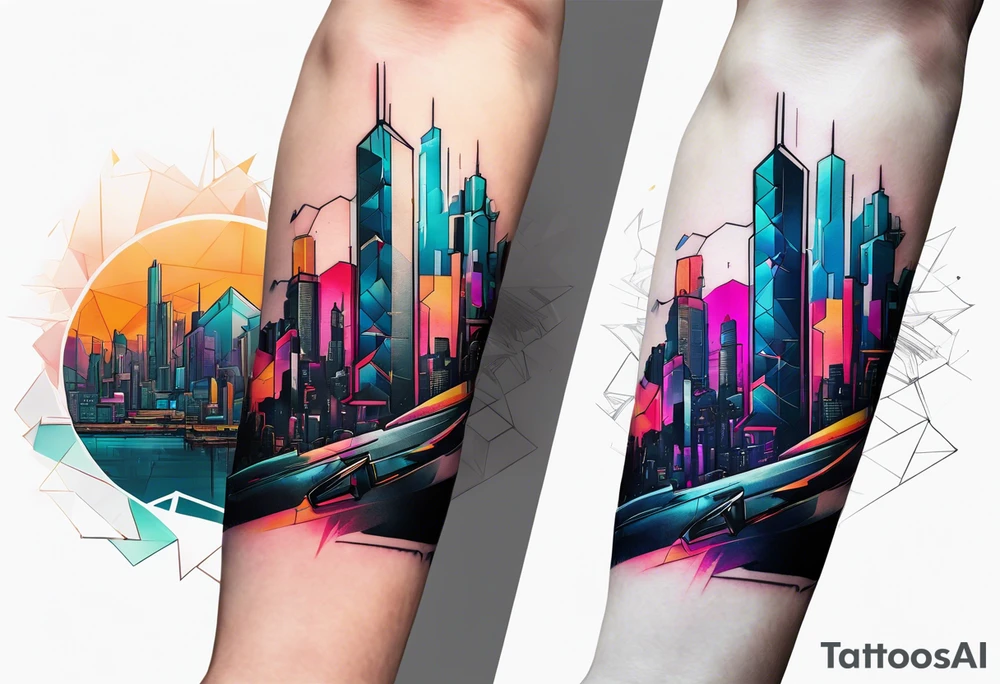 cyberpunk 2077, forearm tattoo, geometric, subtle, men, city skyline, 4k tattoo idea