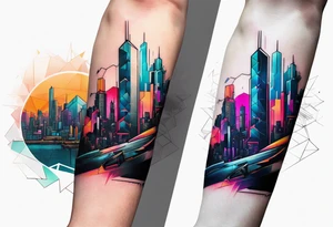 cyberpunk 2077, forearm tattoo, geometric, subtle, men, city skyline, 4k tattoo idea