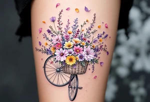 A bike with a basket full of wildflowers, colored in soft purples, pinks, and yellows, with petals floating into the air for a whimsical, carefree feel. tattoo idea