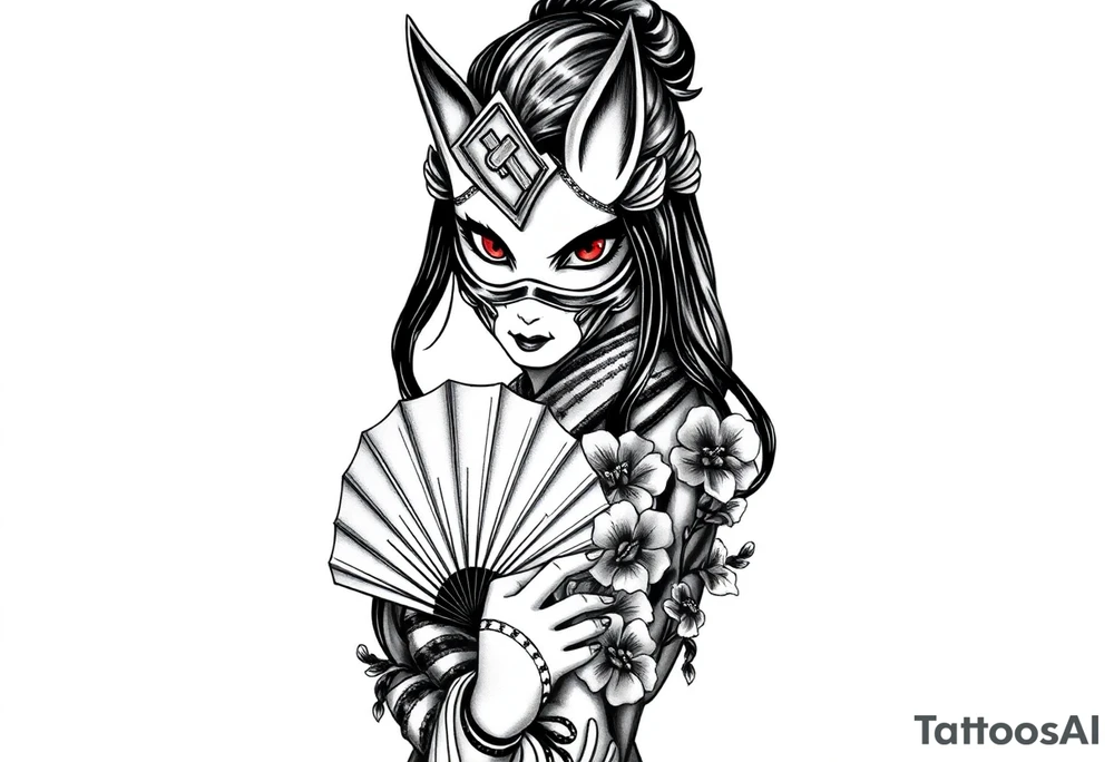 japanese samurai woman with red eyes wearing a kitsune half and broken mask and holding a fan with irises flowers ornement tattoo idea