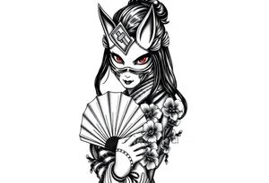 japanese samurai woman with red eyes wearing a kitsune half and broken mask and holding a fan with irises flowers ornement tattoo idea