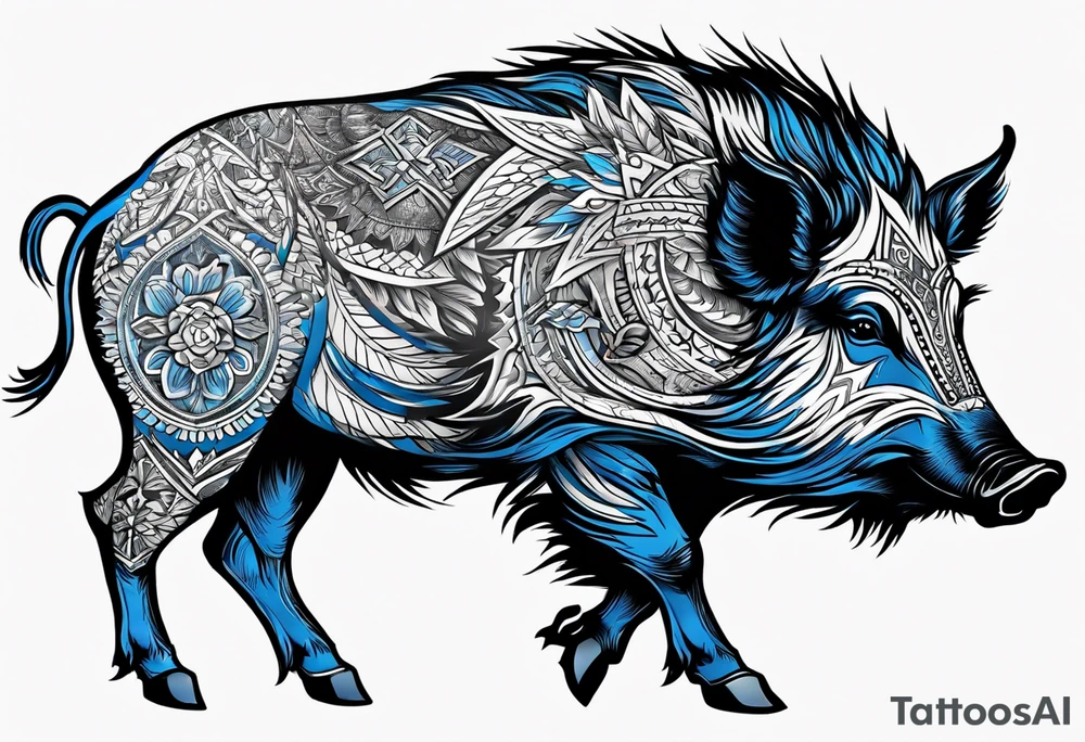 Wild boar that is blue with three red crosses tattoo idea