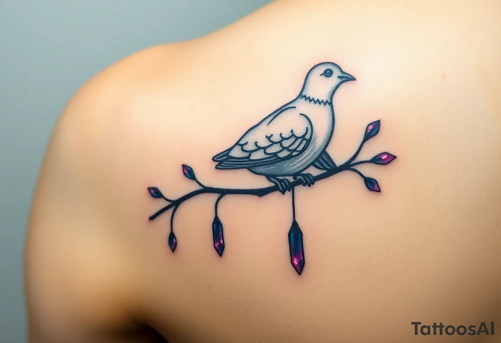collared dove resting on a branch with dangling crystals, with iridescent touches of purple, blue, and white tattoo idea